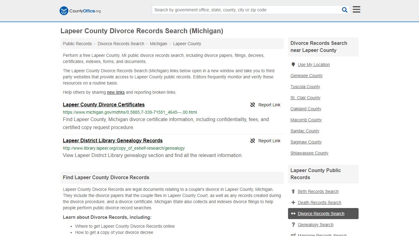 Lapeer County Divorce Records Search (Michigan) - County Office