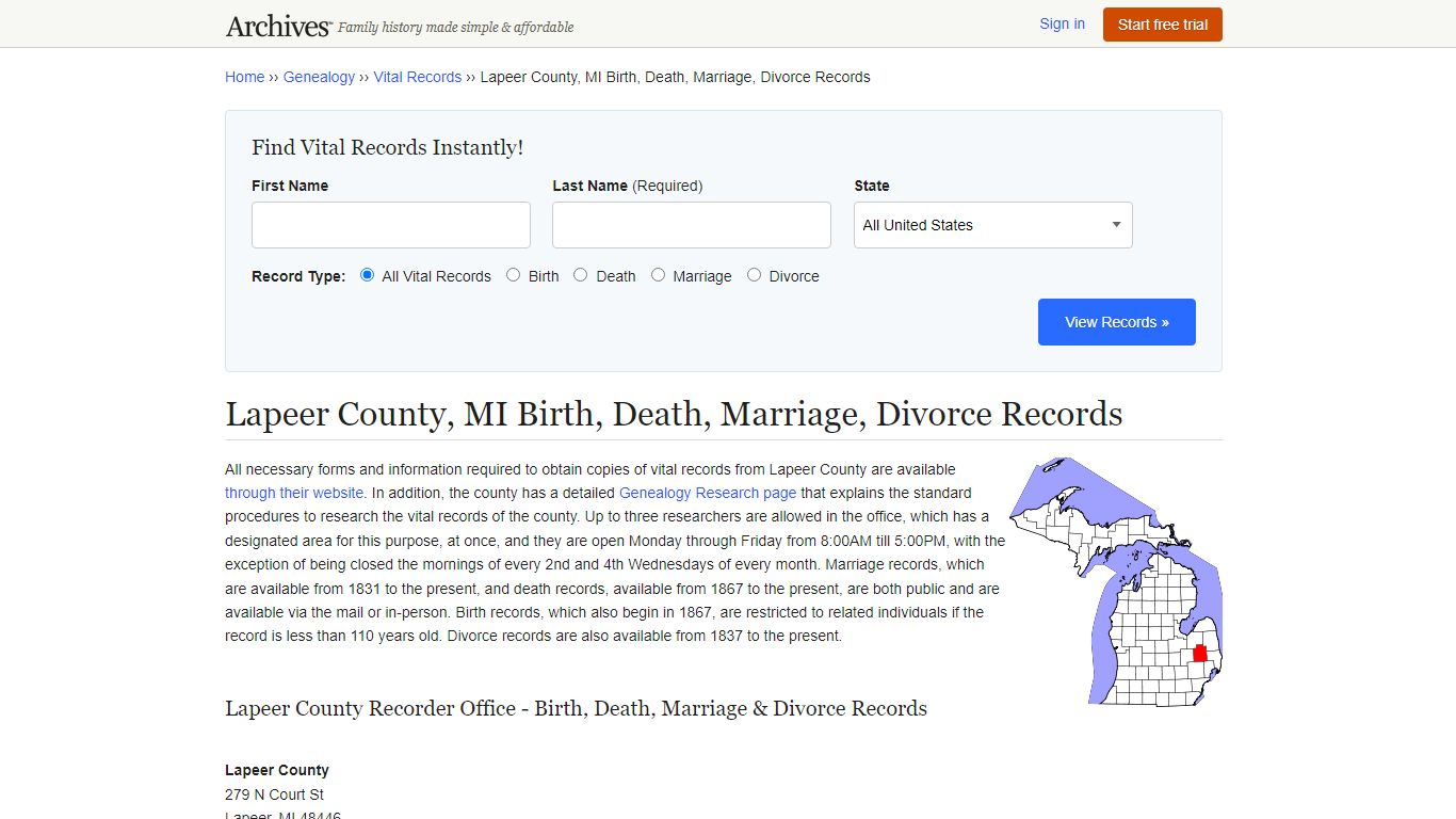 Lapeer County, MI Birth, Death, Marriage, Divorce Records